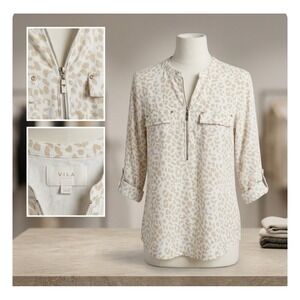 Vila Belle Leopard Print Quarter‎ Zip Roll Tab Sleeve Blouse Tan Cream Small